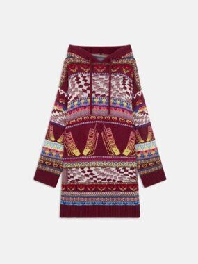 Stella McCartney Keep In Touch Hooded Wool Jacquard Knit Dress Burgundy Size 44